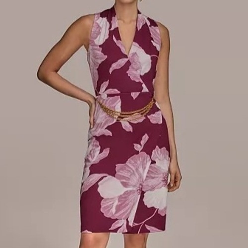 Donna Karan Jersey Floral Chain Belt Sheath Pink Dress Womens Size 2P NWT